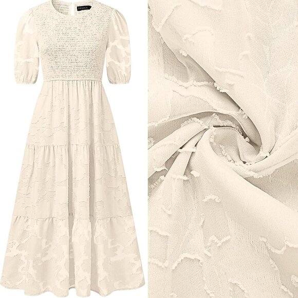 Women's 2025 Summer Short Puff Sleeve Crewneck Smocked Floral Lace Flowy A Line - Picture 5 of 7